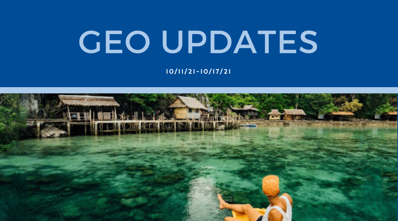 Bottom half is a photo of someone sitting along a lagoon along a water town; reads "GEO Updates 10/11/21