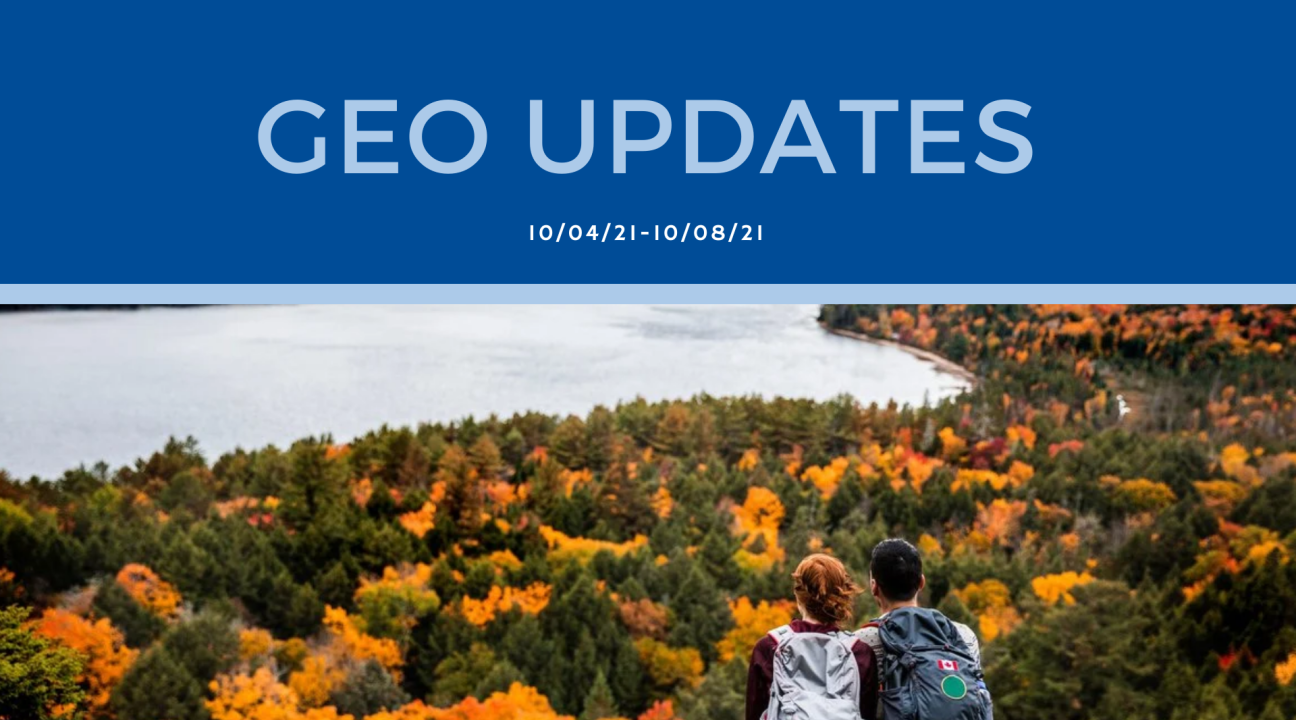 Top half is a navy blue banner which reads "GEO Updates 10/4-10/8; bottom half is a photo of two people overlooking autumn colored trees
