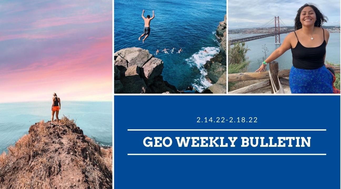 Images of students abroad, on cliff, jumping into ocean, in front of bridge