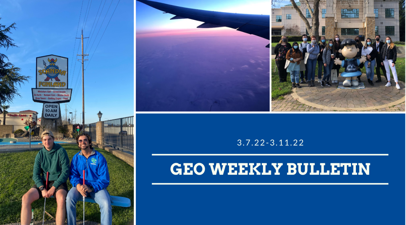 GEO weekly bulletin with images of students an airplane
