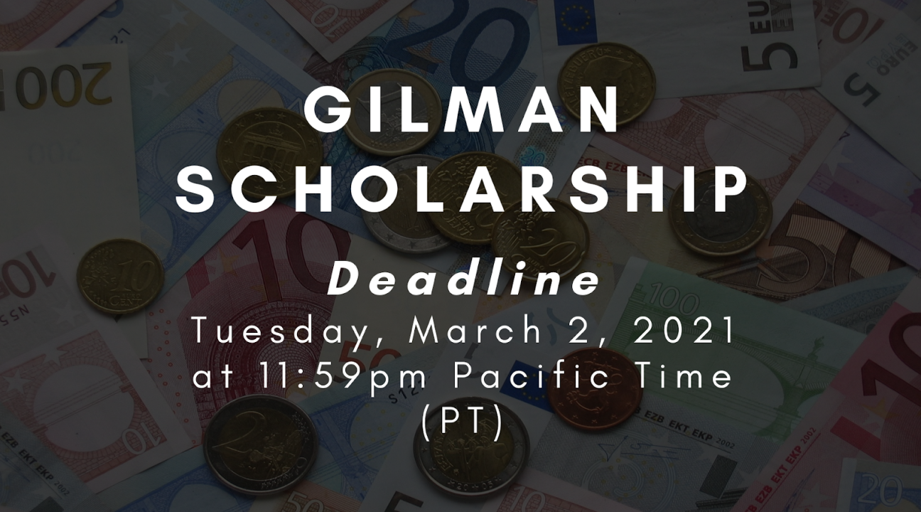 A photo of European currency (cash and coin) spread out with info on the Gilman Scholarship deadline in March