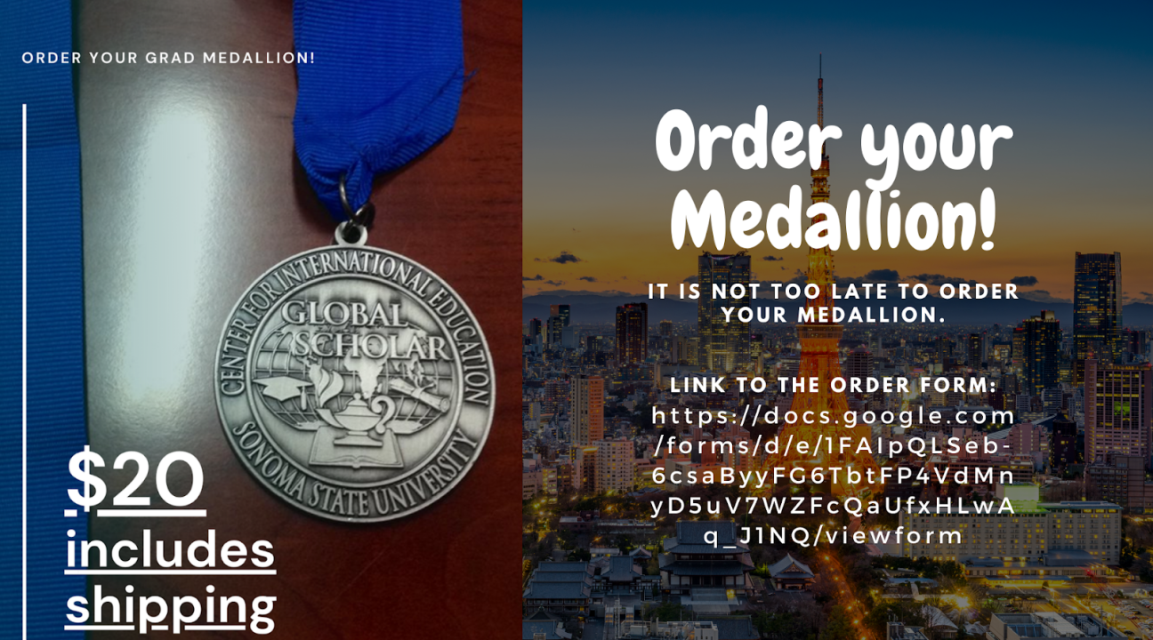 Left image shows the Global Scholar medallion, left image is of a city at dusk, text is info on how to order the medallion