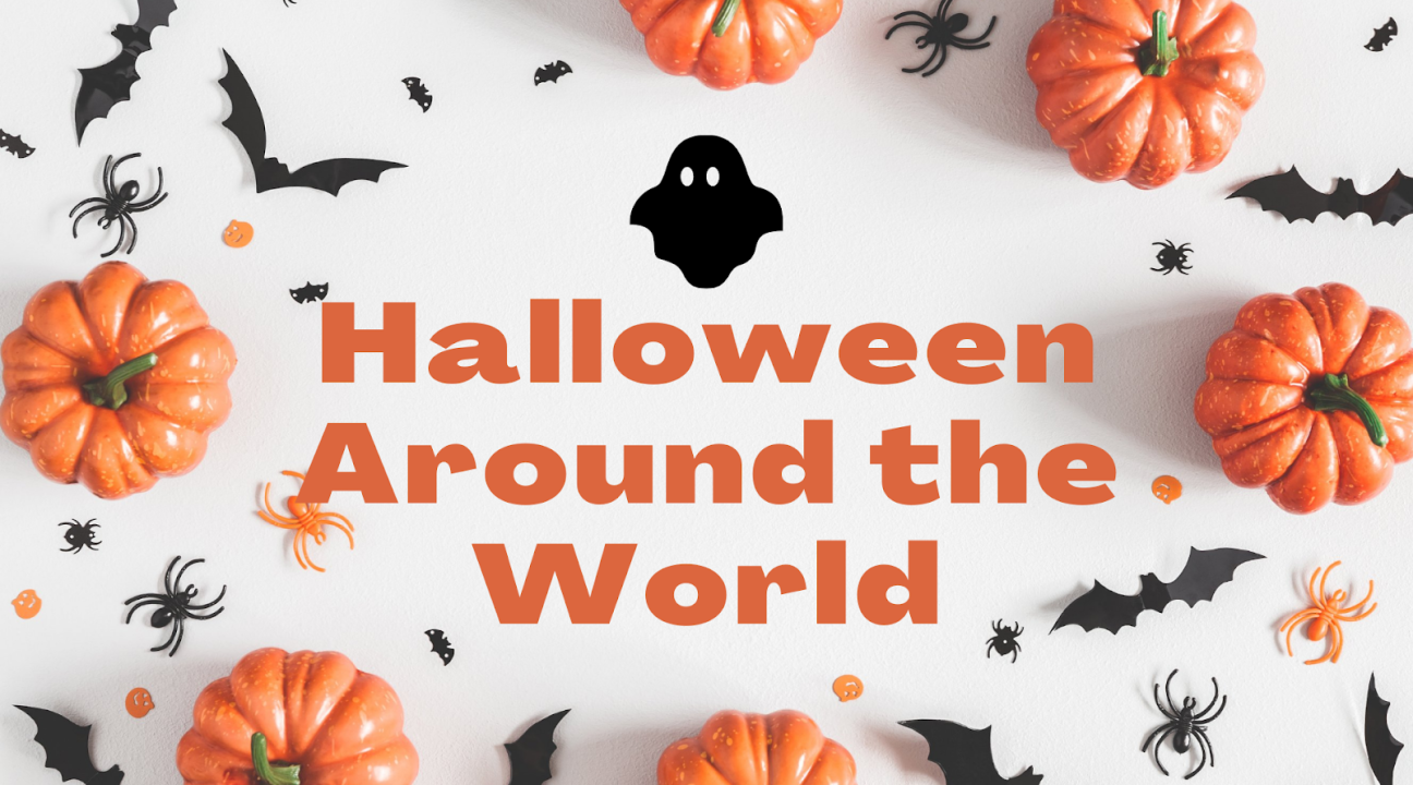 Background photo is of small pumkins and toy bats and spiders spread about; text reads "Halloween Around the World"