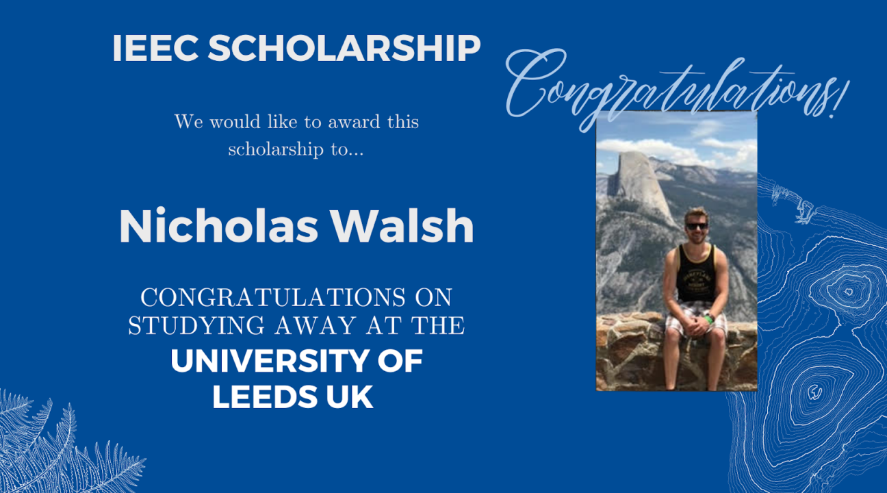 Dark blue background with white accents, on the right a photo of Nicholas Walsh, on the left info of where he will study away