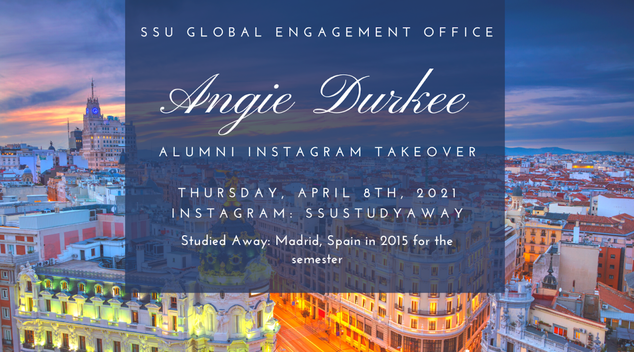 An aerial photo of Madrid at dusk with a purple-cloud filled sky and info on Angie Durkee's Alumni Instagram Takeover