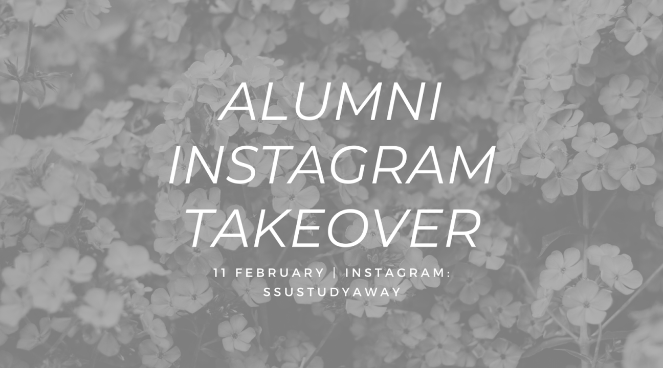 A gray photo of flowers or a bush with the info for the Feb '21 alumni Instagram takeover
