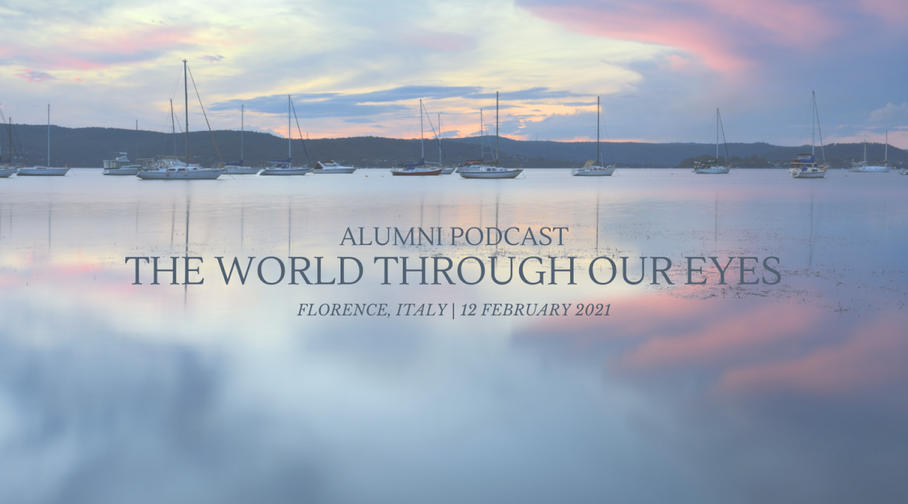 A pastel photo overlooking a harbor from the water with the info to the podcast (Feb 12, 2021)