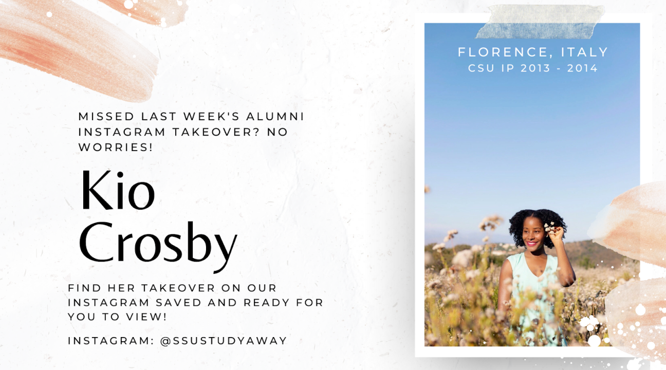 A poster promoting a saved Instragram takeover by an Alumni along with a photo of her in a field