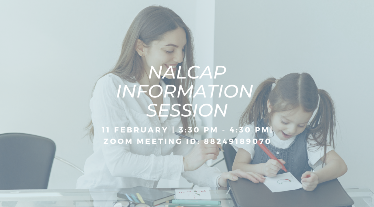 A photo of a lady drawing with a little girl with the info for a NALCAP info session (Feb 11, 21)