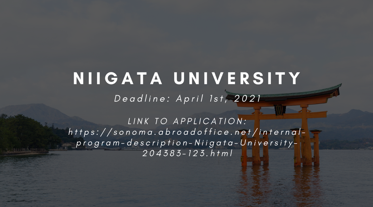 A photo of a Torii sitting in a body of water in Japan with mountains in the far back with info on the Niigata Univeristy deadline
