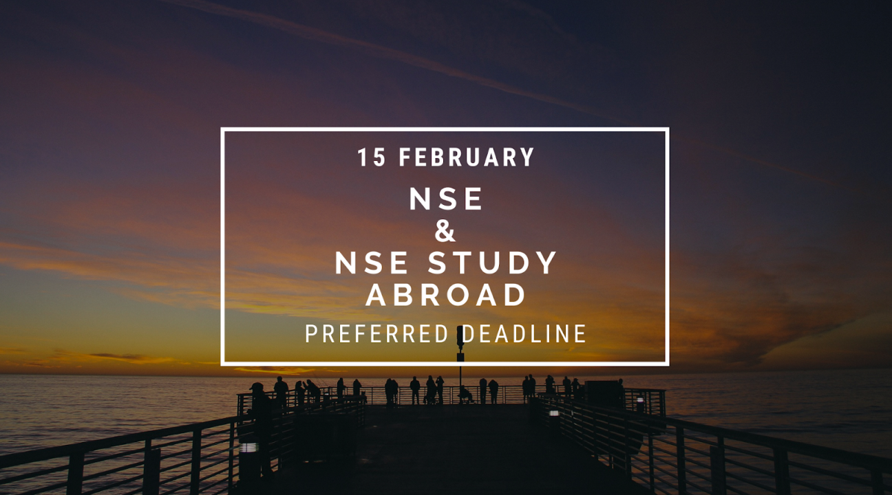 A photo of a pier at sunset with a reminder for the NSE preferred deadline (Feb 15)