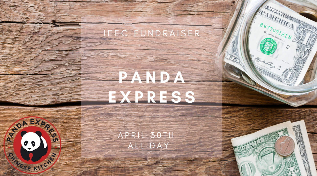 A photo of a wooden tabletop with a tip jar, with info on the IEEC Panda Express fundraiser and the Panda Express logo in the bottom left
