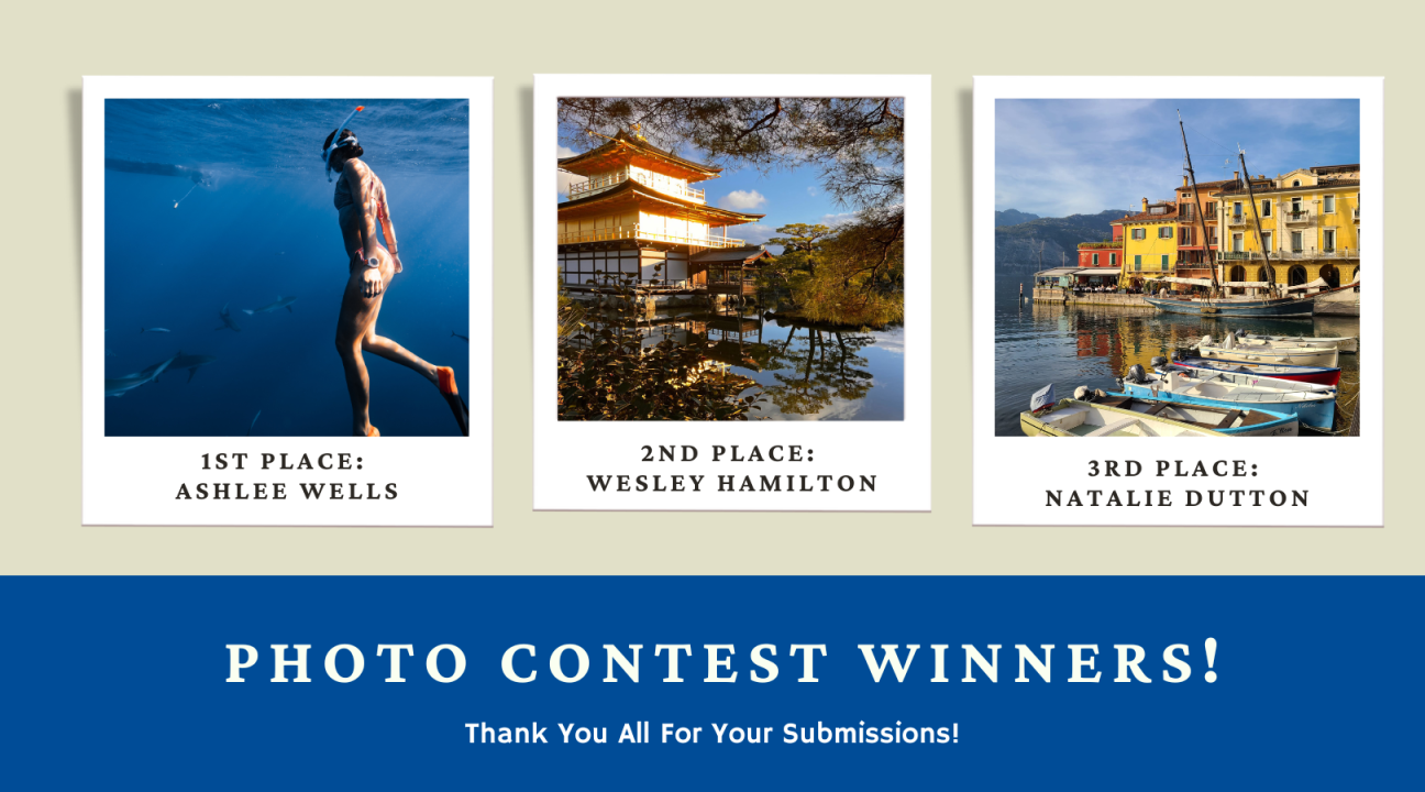 Three photos from contest: girl snorkeling, image of Japanese building and lake, European building and boats in bay