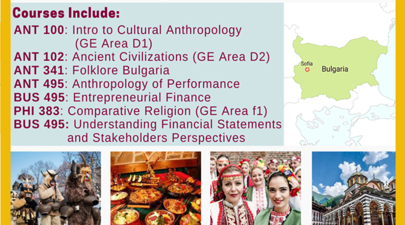 The top of the poster is a photo of people jumping during a sunset; below is info on the Spring 2021 Intersession classes relating to Bulgaria with more photos from the country