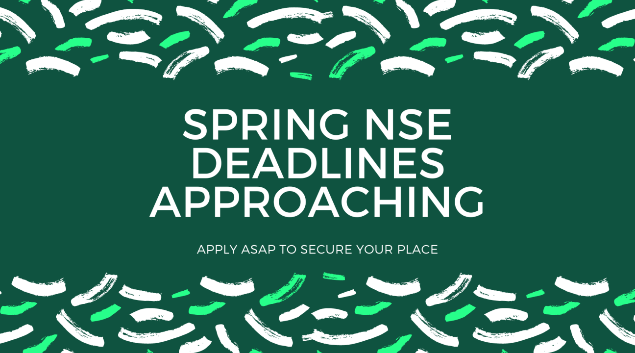 Dark green background with white and neon green squiggle accents; it reads "Spring NSE Deadline Approaching"
