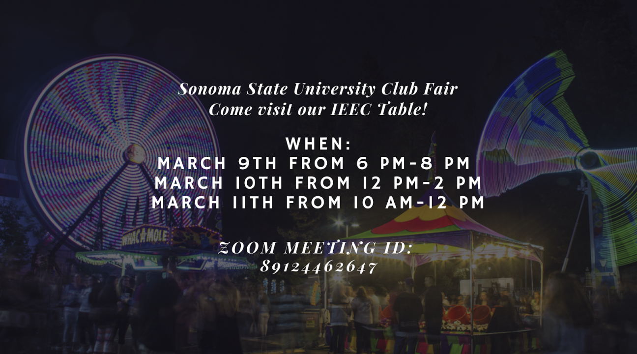 A photo of colorful carnival rides and games during nighttime with info on SSU's 2021 Club Fair
