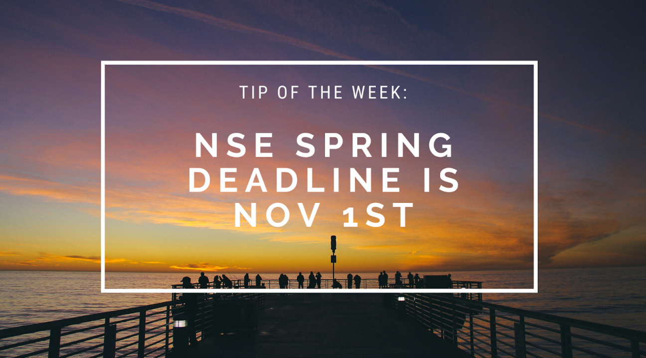Background photo is of people standing at the end of a pier during dusk; it reads "NSE Spring Deadline Nov 1st"