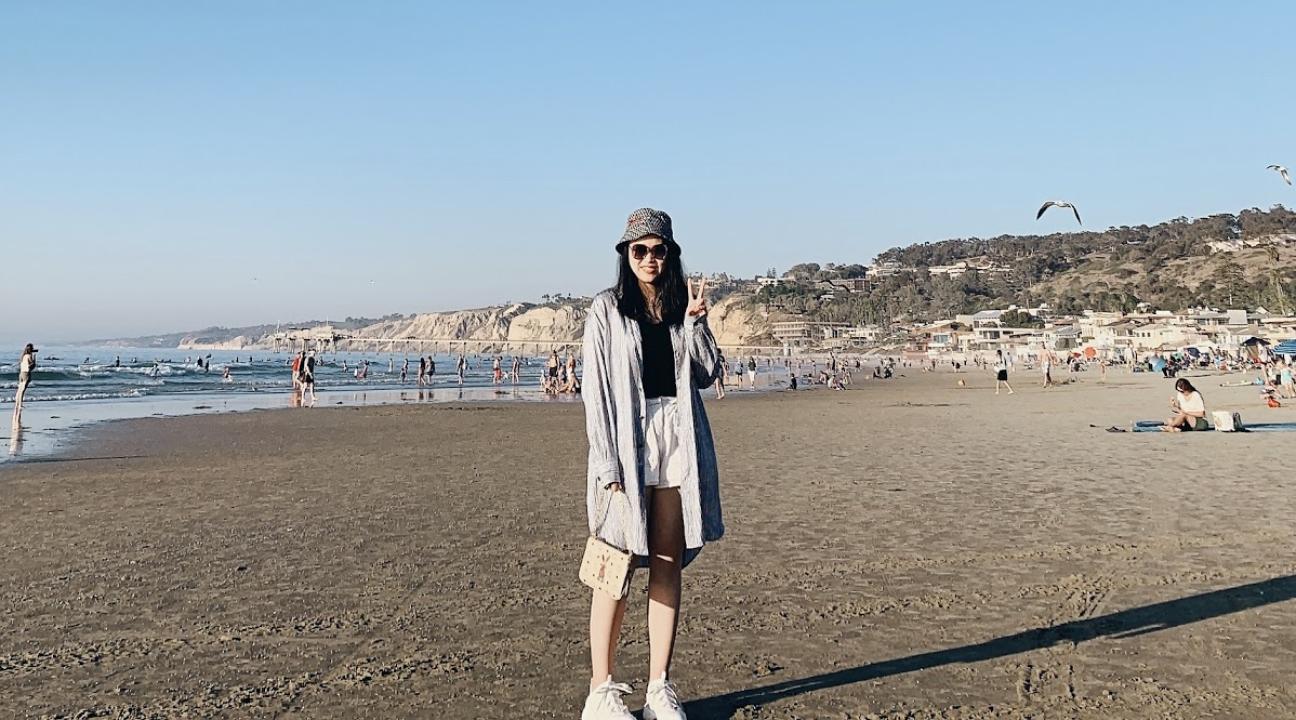 Jiayi "Emily" on a San Diego beach