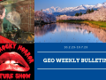 Bulletin cover photo, landscape of lake, rocky horror picture show lips, and student looking at fish in aquarium. 