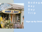 Grey and light blue background; photo of a worn down surf shop on the left; reads "Bodega Bay Day Tr