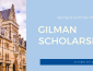 Left side is a photo of a Gothic building's facade, right side is light blue and reads "Gilman Schol