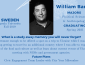 Light blue background with white accents, info on William Bame, his photo, and where he studied away