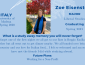 Light blue background with white accents, info on Zoe Eisenstein, her photo, and where she studied a