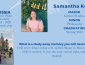Light blue background with white accents, info on Samantha Keller, her photo, and where she studied 