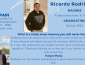 Light blue background with white accents, info on Ricardo Rodriguez, his photo, and where he studied
