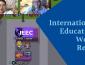 Left is a screenshot of a virtual IEEC tabling event with avatars of Ambassadors; right reads "International Education Week Recap" On a triangular navy blue banner