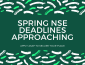 Dark green background with white and neon green squiggle accents; it reads "Spring NSE Deadline Appr