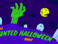 Dark purple background with clouds, yellow moon, tombstones, and a green hand sticking out of the pu