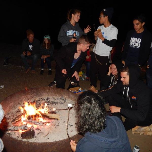 Students cook marshmallows around a campfire. 