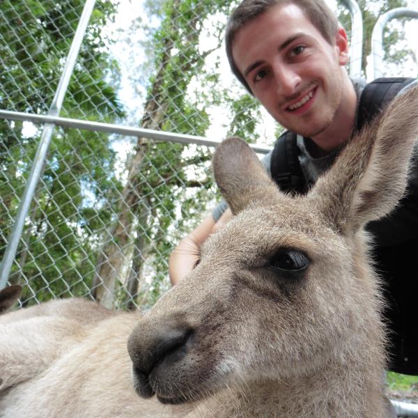 Cameron takes a selfie with a kangeroo
