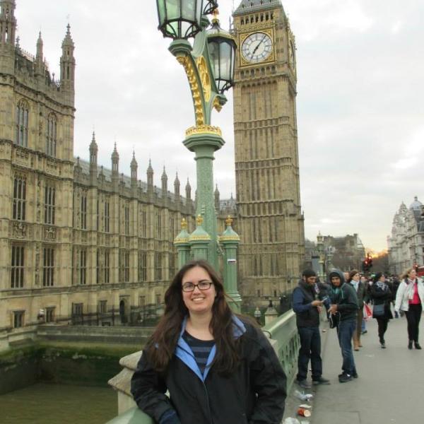 Stephanie stands in front of Big Ben in London