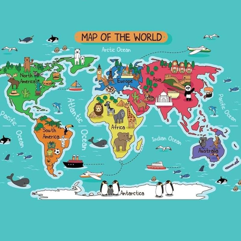 cartoon map of world with symbols on different countries