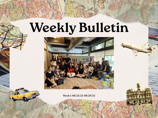 header image saying Weekly Bulletin with group photo from welcome reception