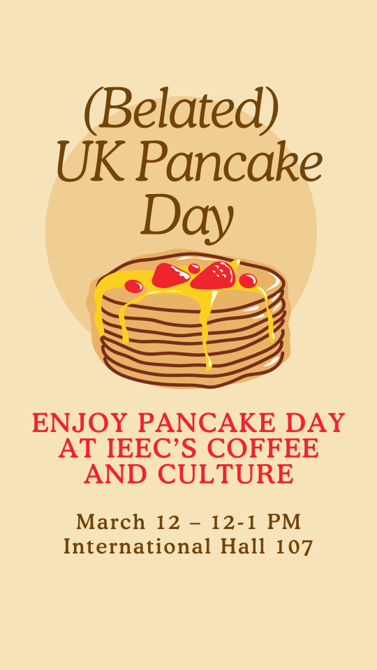 Flyer on UK Pancake Day for March 12 at 12pm-1pm.
