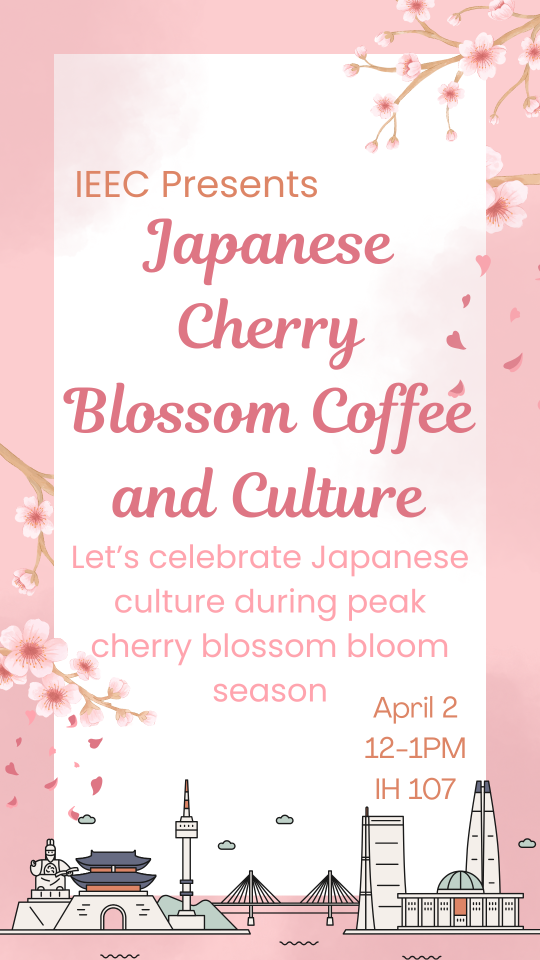 Coffee and Culture flyer for Japan with the date and time for April 2, and 12-1pm.