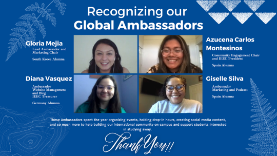 Dark blue background with white foliage accents, photos of the four ambassadors with their roles listed
