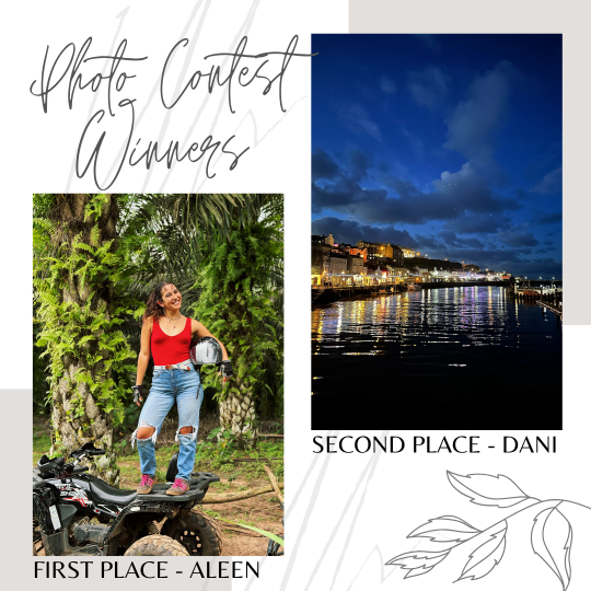 Photo contest winners, two photos one of Aleen on motorcycle and one of river and city at night