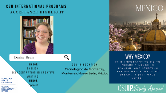 Blue, white, and green accent background; on the left a photo of Denise Bevis, on the right an aerial photo of a Mexican city