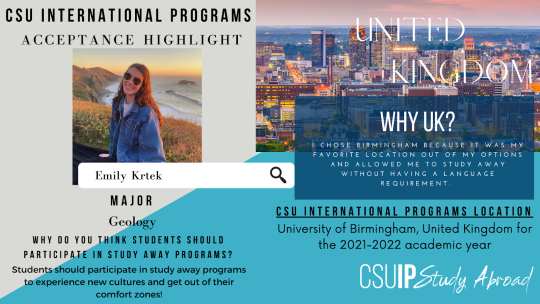 Grey and blue wedges as the background, on the left a photo of Emily smiling on a cliff overlooking the ocean, on the right a photo of a city, with info on her acceptance into CSU IP's UK program