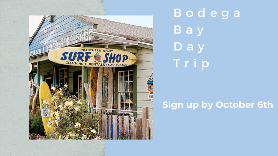 Grey and light blue background; photo of a worn down surf shop on the left; reads "Bodega Bay Day Trip sign up by Oct 6th"on right