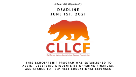 White background with an orange-red logo for the CLLCF of a grizzly bear with info on the June 1st scholarship deadline