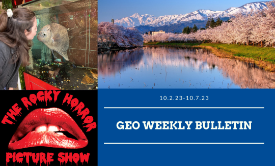 Bulletin cover photo, landscape of lake, rocky horror picture show lips, and student looking at fish in aquarium. 