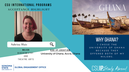 White, blue, and teal background, on the left a photo of Sabrina Blais, on the right a photo of Ghana