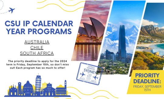 CSU IP calendar year flyer with pictures of Sydney Opera House, Santiago, Chile, and South African bay