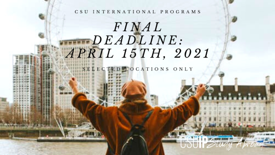 A photo of a person (who has their back turned) lining their arms up with the London Eye, with info on CSU IP's final April deadline