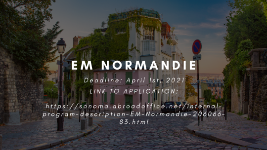 A photo of a pink and white ivy-covered building on a French crossroads street overlooking the larger city with info on the Em Normandie deadline